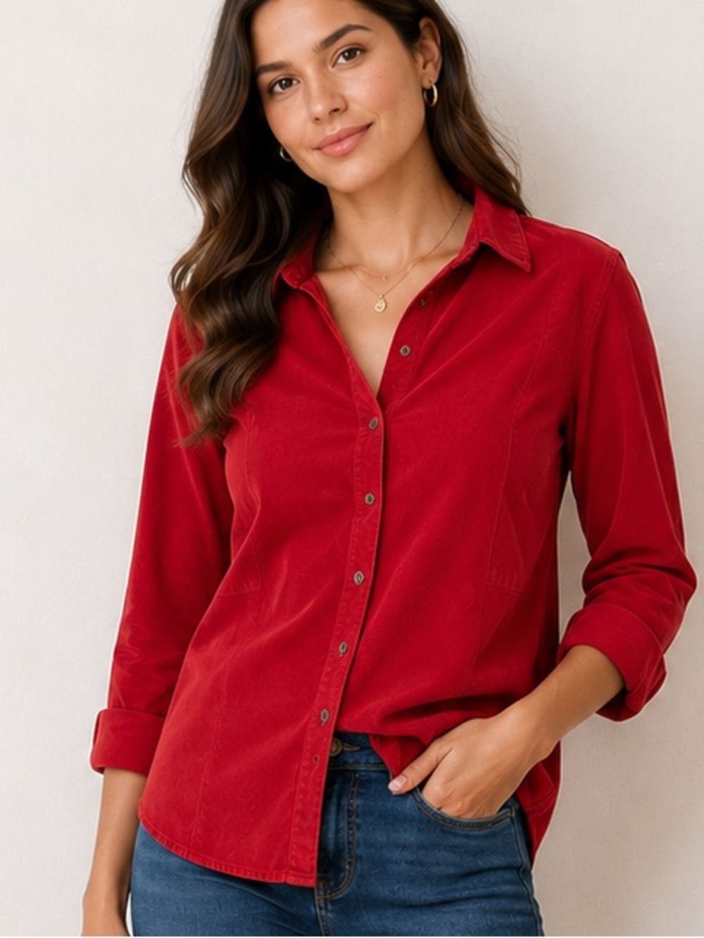 J. Jill Classic 100% cotton Button-Up Shirt in Deep Red M